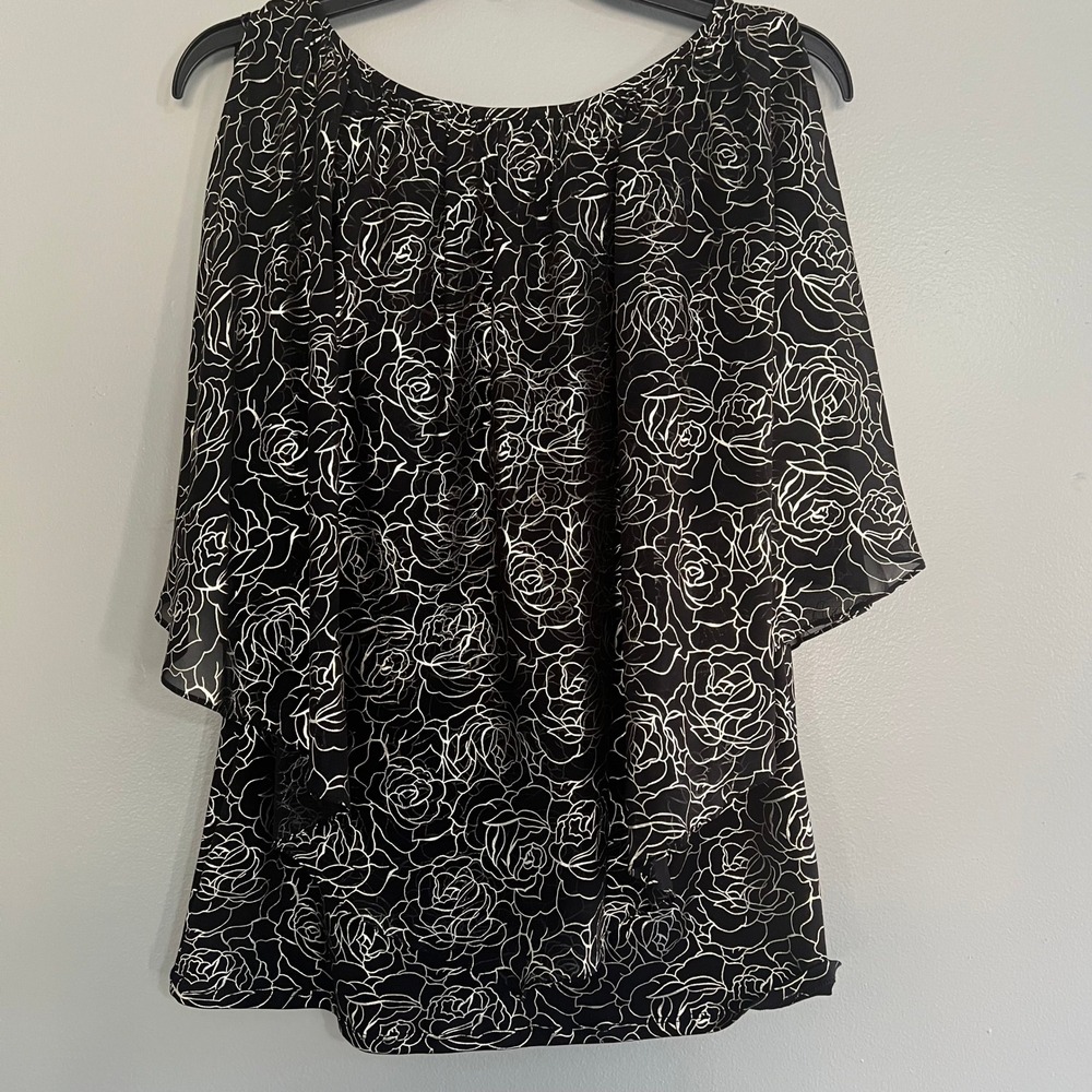 Coco Bianco Womens Black Silver Metallic Rose Cold Shoulder Layered Blouse M - Picture 8 of 8